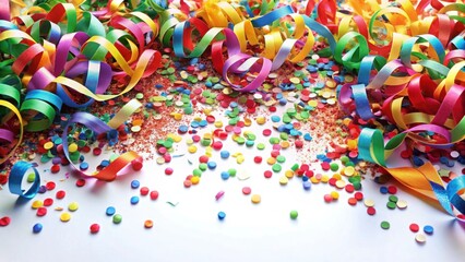 A vibrant display of colorful ribbons and confetti scattered on a white surface, evoking a festive and celebratory atmosphere.