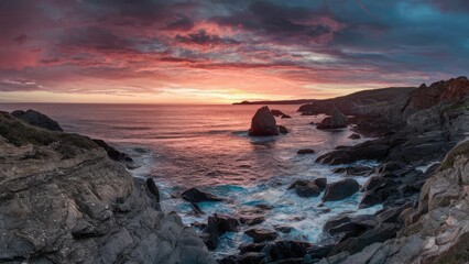 Obraz premium Vivid sunset casting warm orange and pink hues over rugged rocky coastline with crashing waves and dramatic sky forming a stunning seascape.