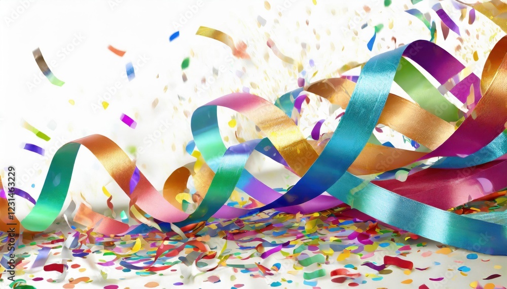 Poster colorful ribbons and confetti cascade in a festive display, creating a joyful atmosphere perfect for