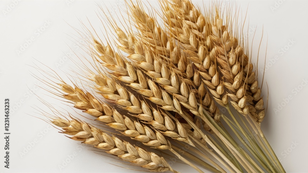 Aufkleber Golden wheat ears arranged elegantly on a plain white background with a clean clipping path and full depth of field highlighting their texture.