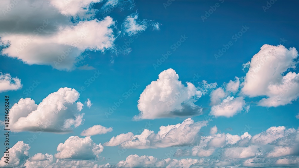 Poster Blue sky with fluffy white clouds scattered across the upper two-thirds of the image creating a serene and peaceful atmosphere.
