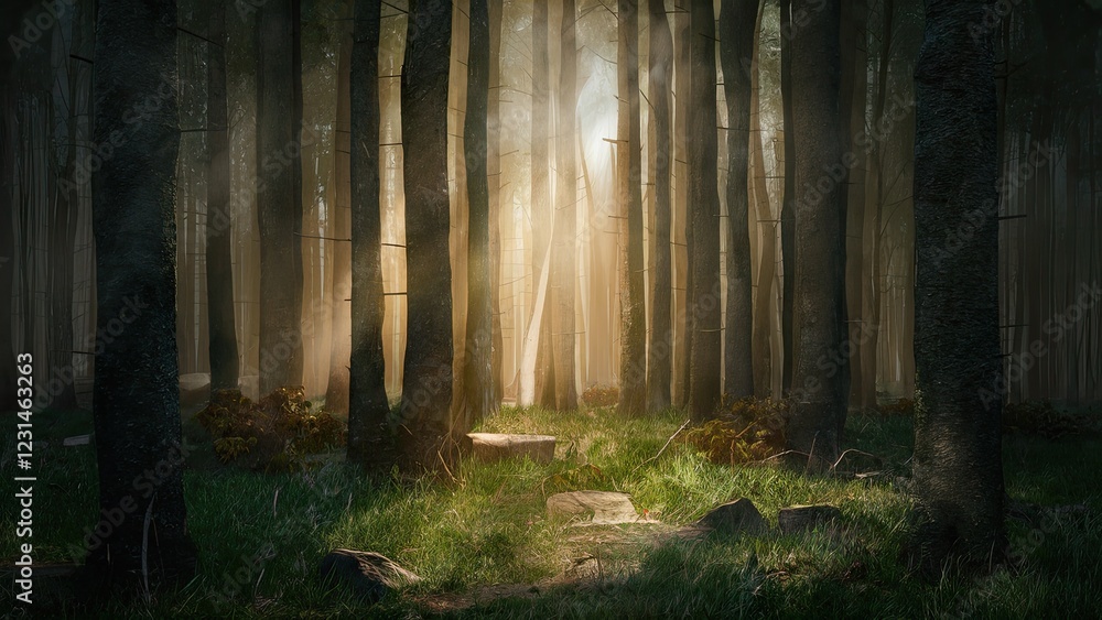Poster mysterious forest scene with tall dark trees, soft golden light filtering through, illuminating lush