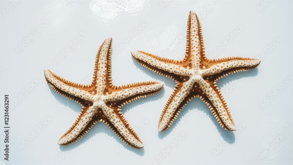 Poster Two textured starfish with orange and white colors positioned symmetrically on a pristine white background creating a serene coastal ambiance