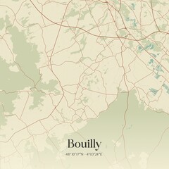 Fototapeta premium Retro map of Bouilly, Grand Est, France. Vintage street map.