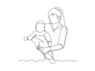 Abstract woman with baby, child in her arms, continuous single one line art hand drawing sketch logo