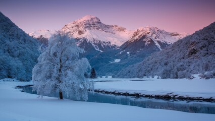 Serene winter morning in snowy alpine landscape with majestic mountains and frost-covered tree reflected in calm river under soft pastel skies