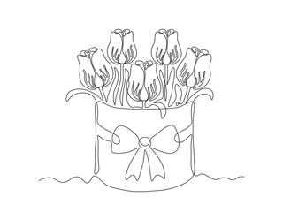 Abstract gift hat box with bow with bouquet of tulip flowers, continuous single one line art hand drawing sketch logo
