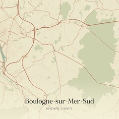 Retro map of Boulogne-sur-Mer-Sud, Hauts-de-France, France. Vintage street map.