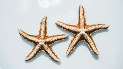Two textured starfish with orange and white colors positioned symmetrically on a pristine white background creating a serene coastal ambiance
