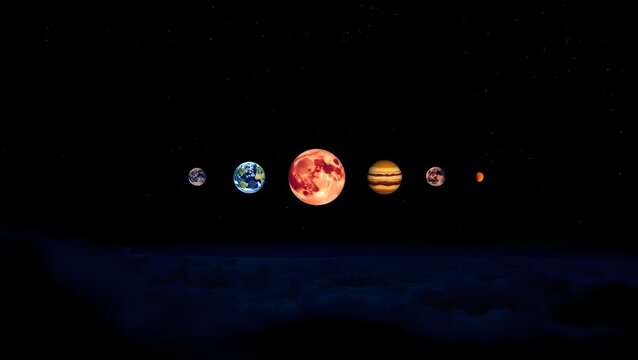 Space planets align with a dark blue sky.