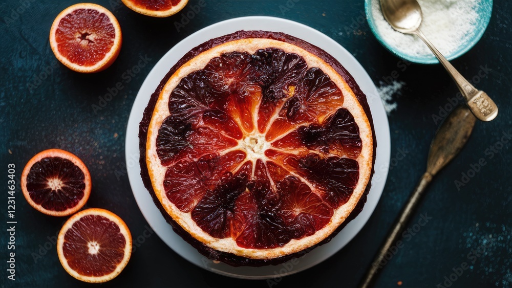 Poster blood orange cake displayed from a top view with vibrant dark red oranges cut in half placed around 