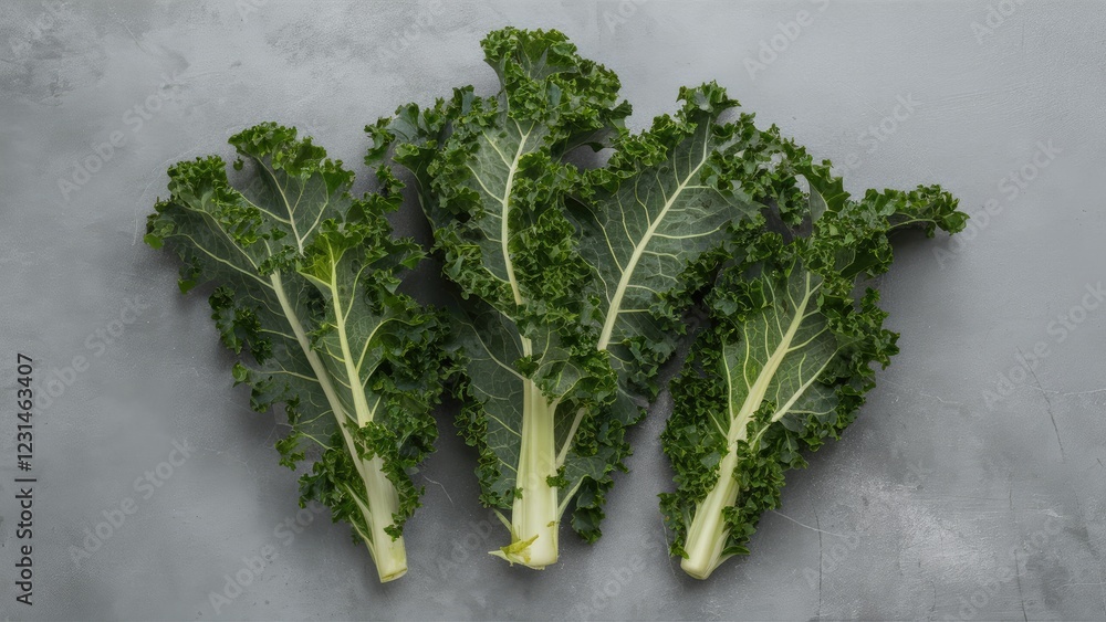 Aufkleber fresh green kale leaves arranged neatly on a textured gray background showcasing vibrant colors and 