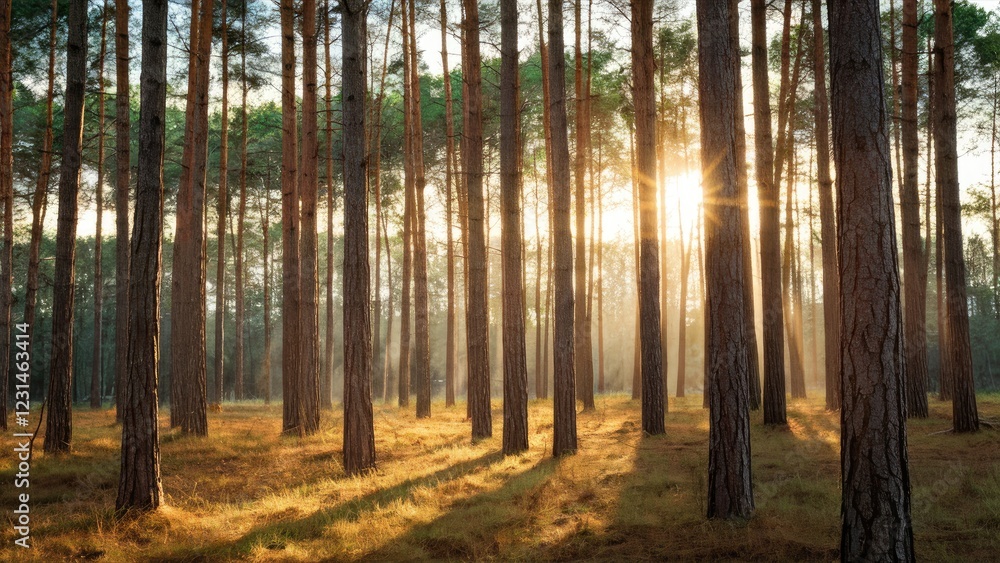 Aufkleber sunlight beams through tall pine trees casting soft shadows on golden forest floor creating a peacef