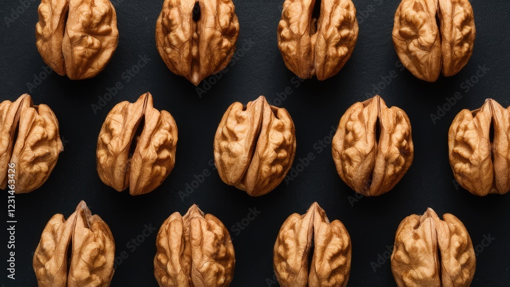 Fototapete Overhead view of whole walnuts arranged in a grid pattern on a dark background with ample space for text or branding insertions