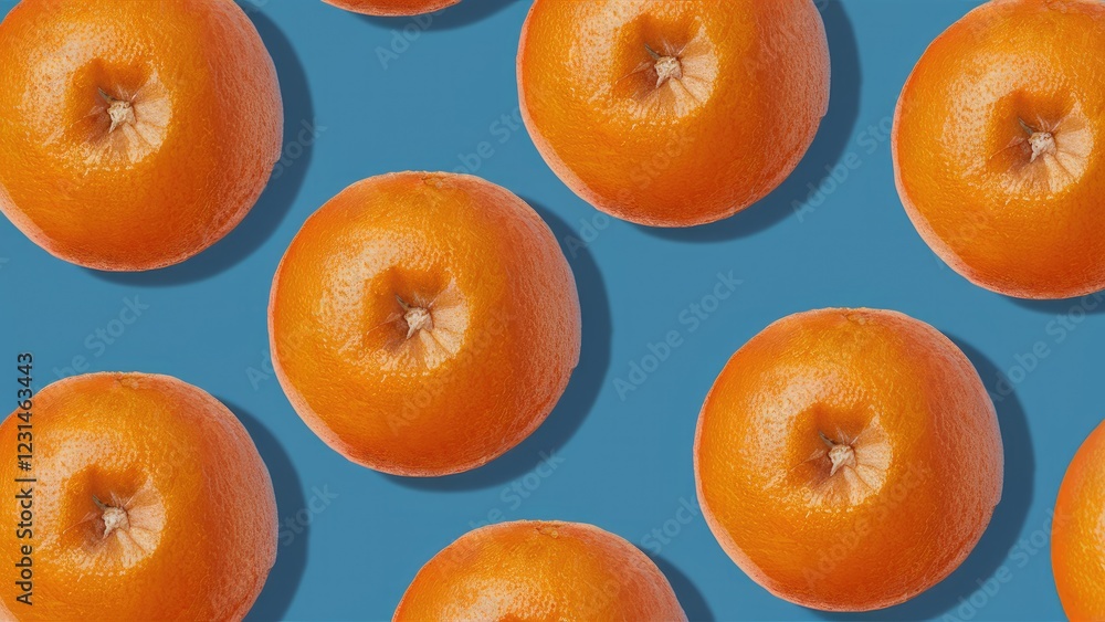 Poster tangerines in vibrant orange arranged in a repeating pattern on a bright blue background showcasing 