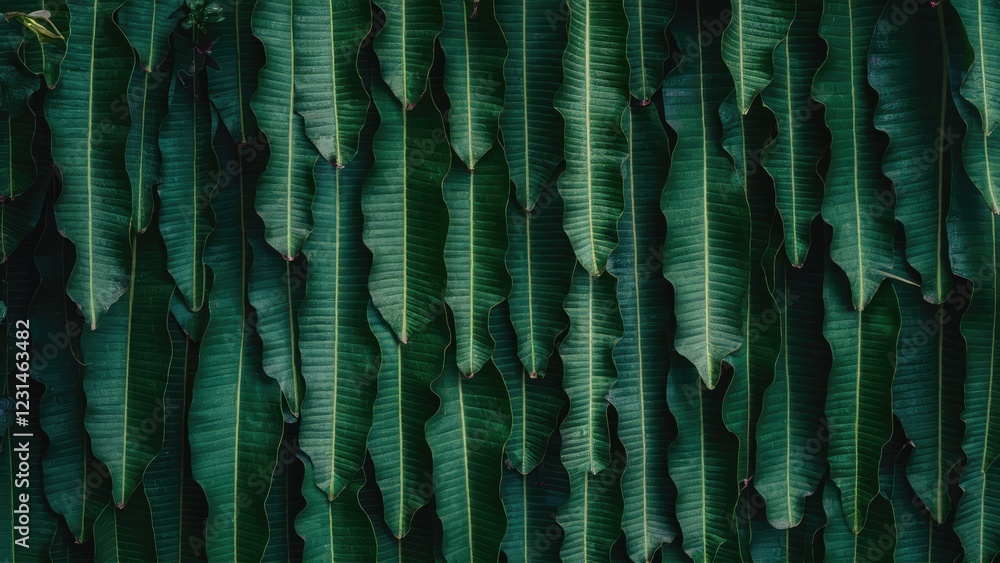 Poster vertical arrangement of dark green plant leaves with linear patterns on a textured background creati