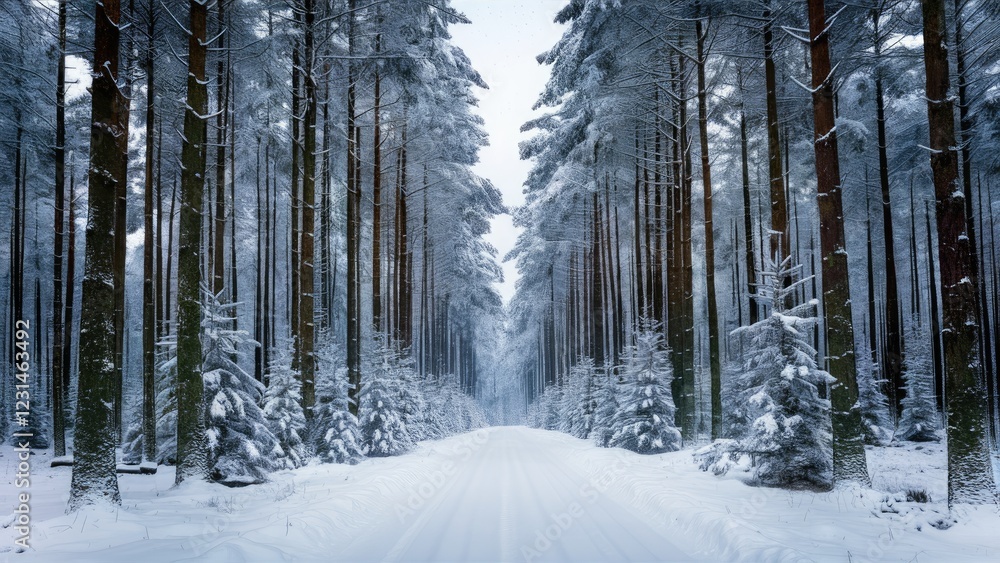 Poster snow-covered fir trees line a serene winter forest path, with tall trunks on either side and a soft 