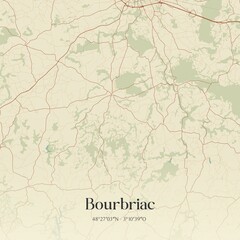 Retro map of Bourbriac, Bretagne, France. Vintage street map.