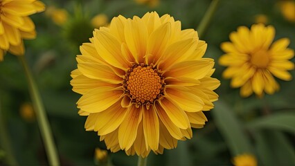 Obraz premium Vibrant yellow daisy flower in full bloom centered, with soft green leaves softly blurred in the background, highlighting its stunning petals.