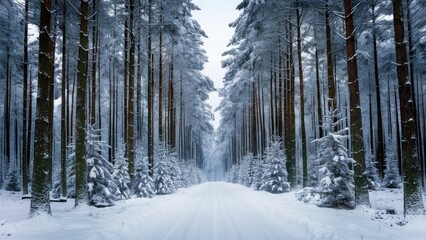 Snow-covered fir trees line a serene winter forest path, with tall trunks on either side and a soft white blanket of snow covering the ground.