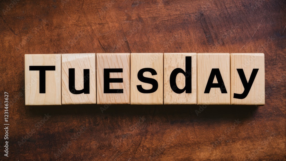 Poster Wooden background with the word Tuesday in black letters on light wooden blocks arranged in a straight line, creating a rustic calendar theme.