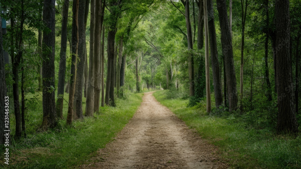 Aufkleber serene wooded trail stretching into lush green forest with tall trees lining both sides and soft dir