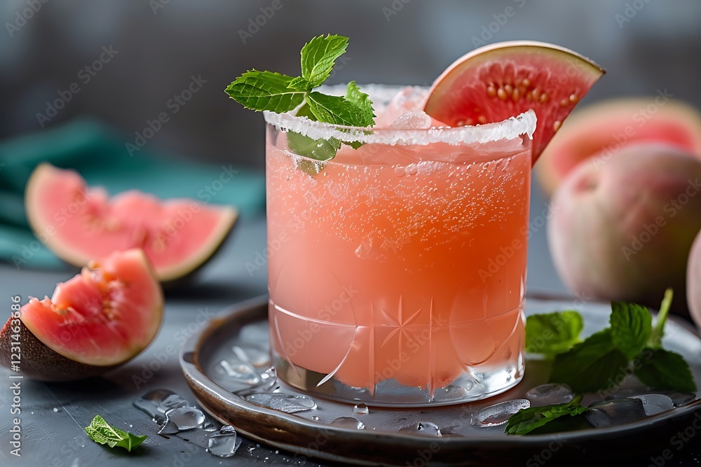 Poster a glass of refreshing guava juice with a light pink color, served with a guava slice and a few fresh