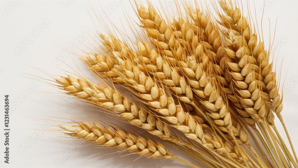Poster golden wheat ears arranged artistically on a bright white background highlighting their texture with
