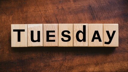 Fototapeta premium Wooden background with the word Tuesday in black letters on light wooden blocks arranged in a straight line, creating a rustic calendar theme.