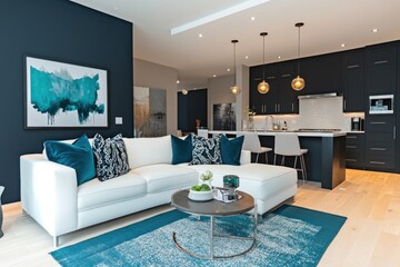 Modern living room with white sectional sofa, teal accents, and open kitchen.