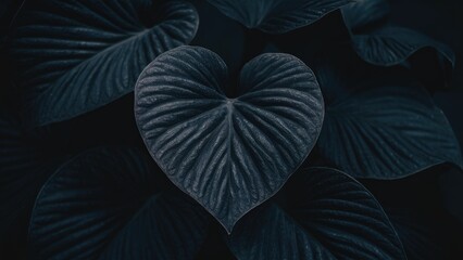 Fototapeta premium Dark green heart-shaped leaves on a textured surface against a black background conveying a sense of tranquility and natural beauty.