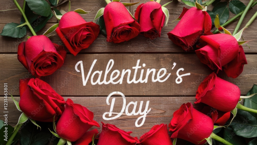 Aufkleber vibrant red roses in a heart shape on a rustic wooden surface with white text saying valentine's day