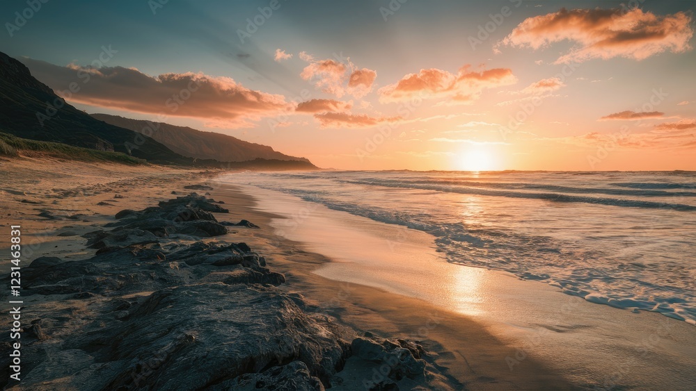 Aufkleber sunset over a tranquil shoreline with soft waves at low tide, rocky foreground on the left, golden a