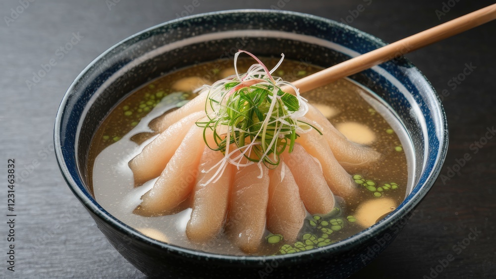 Aufkleber elegant bowl of surimi arranged in a fan shape with green onions and fine sprouts atop, placed in a 