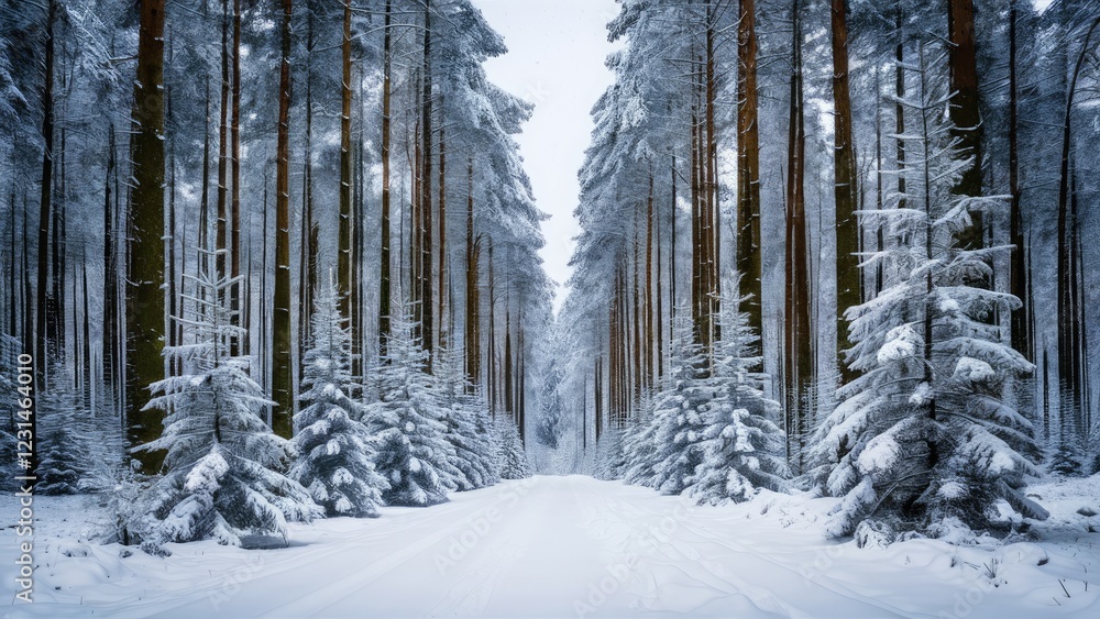Poster serene winter landscape featuring tall fir trees covered in snow creating a tranquil scene with a sn
