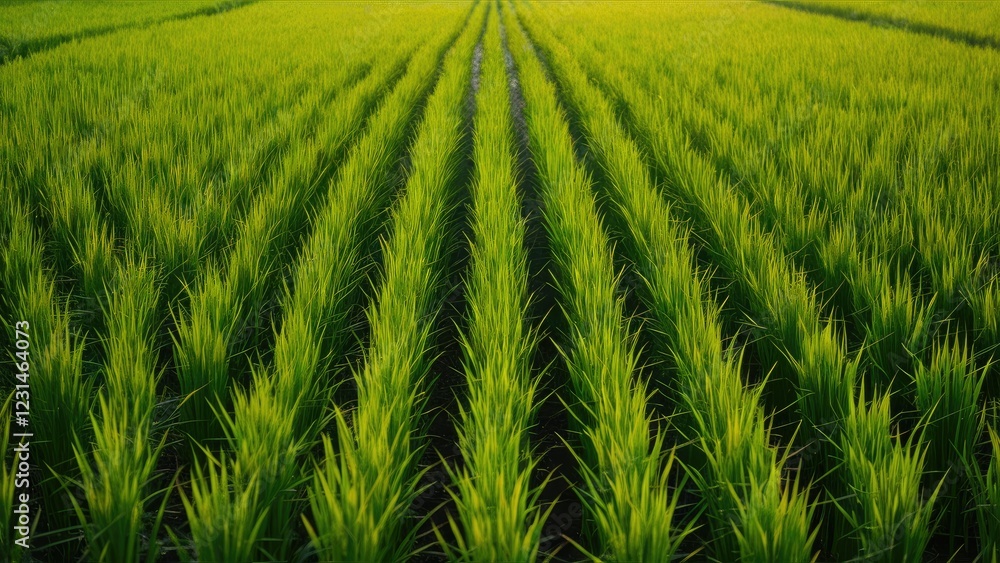 Aufkleber Lush green rice field with neatly arranged rows of vibrant plants extending into the distance under a warm golden light creating a serene landscape