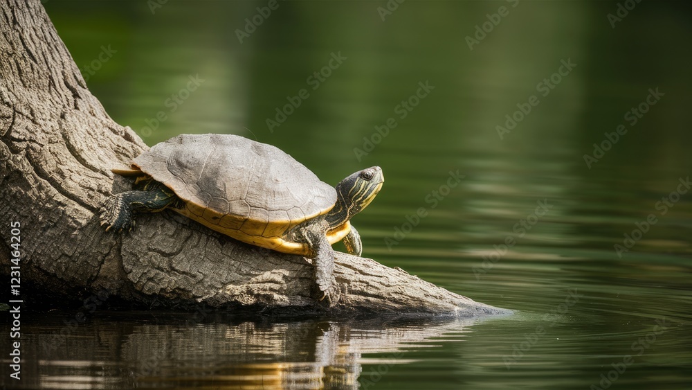 Aufkleber Turtle relaxing on a textured tree trunk over calm green-tinted lake water under soft natural lighting with blurred background elements