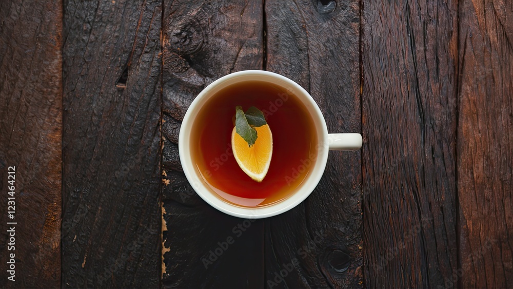 Poster Top view of a white tea cup filled with dark brown tea and a slice of lemon and mint leaf on a rustic wooden table background