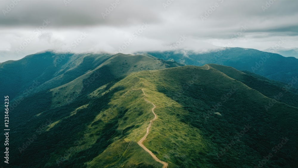 Aufkleber Aerial view of lush green mountain slopes under soft gray clouds with winding dirt path leading through the serene landscape on a cloudy morning