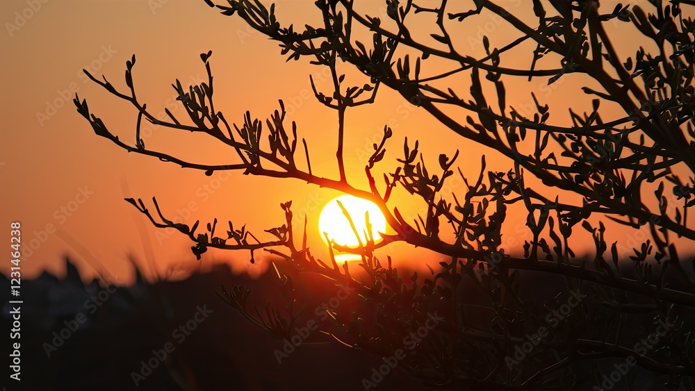 Aufkleber silhouetted tree branches in foreground with vibrant orange sunset backdrop creating a serene atmosp