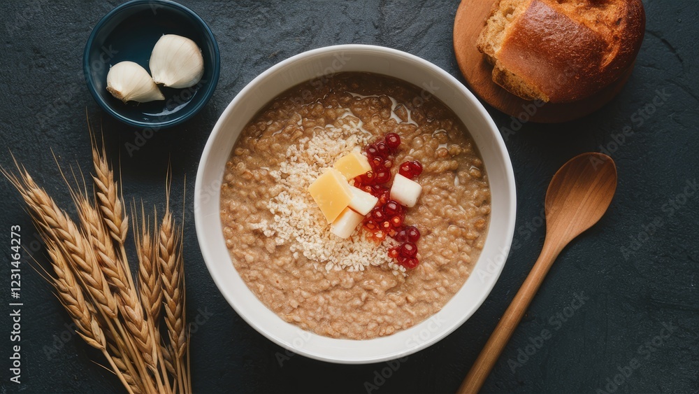 Poster wheat porridge in a bowl topped with cheese and berries on a textured dark surface with bread, garli