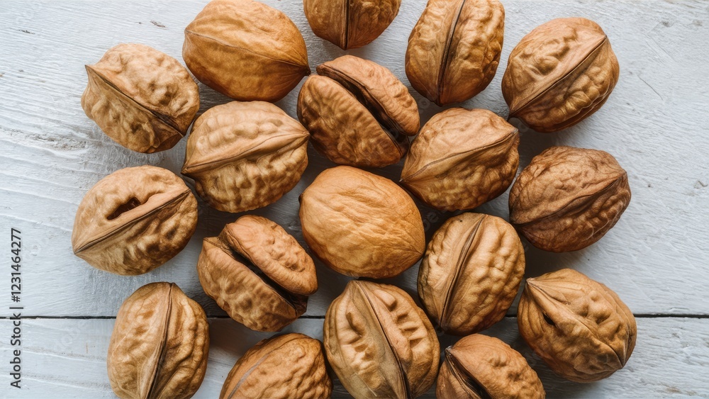 Aufkleber walnuts scattered on a textured white wooden surface featuring various shades of brown and tan with 