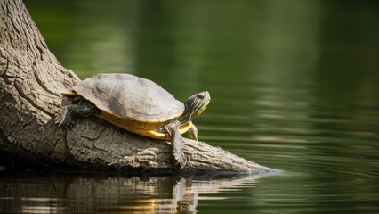 Obraz premium Turtle relaxing on a textured tree trunk over calm green-tinted lake water under soft natural lighting with blurred background elements