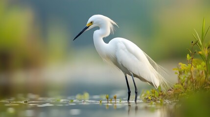 White Snowy Egret In Green Wetland Sunlight