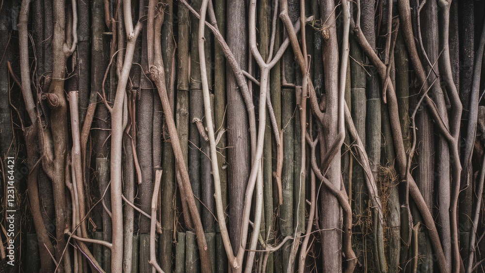 Poster intertwined dry branches create a rustic textured background featuring varying shades of brown arran