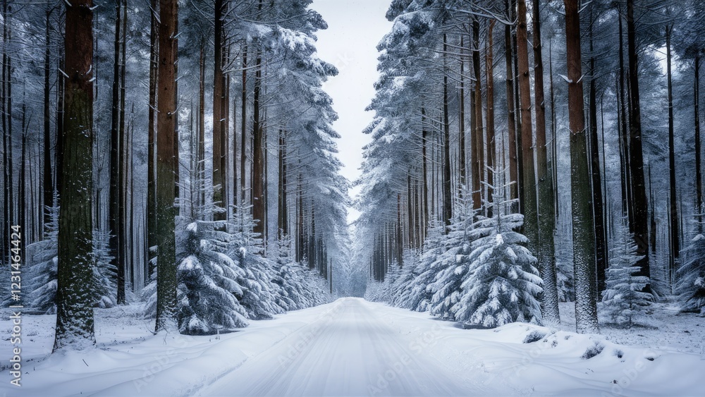 Aufkleber Tall fir trees lined with thick snow create a serene winter forest scene with soft gray tones and a quiet snow-covered path leading through.