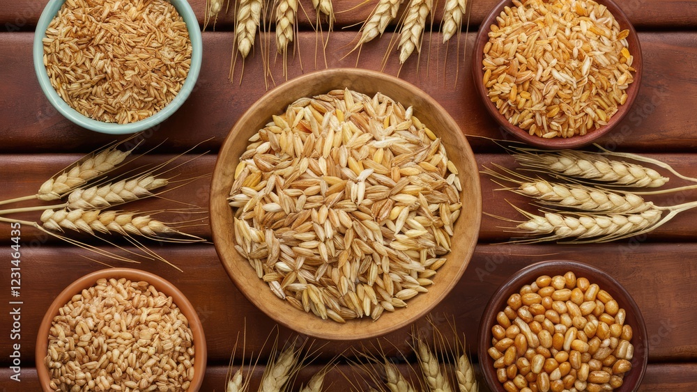 Poster top view of various grains in wooden bowls with golden wheat ears arranged on a dark wooden table em
