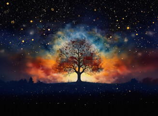 A solitary tree stands on a hill, silhouetted against a vibrant, cosmic sunset.  Multicolored nebulae swirl around it, under a blanket of sparkling stars.  The scene evokes a sense of wonder and myste