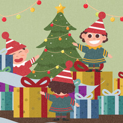 Colorful winter seasonal holiday adorable happy elves in festive costumes. Cute Santa helpers with Christmas gifts and decorations vector flat illustration. 