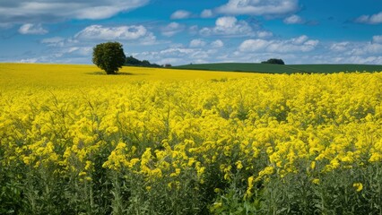 Fototapeta premium Vast expanse of bright yellow rapeseed flowers under a blue sky with fluffy clouds, featuring a solitary tree in the background on the left.